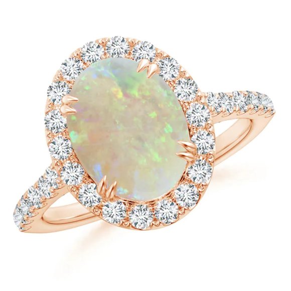 Double Claw-Set Oval Opal Halo Ring with Diamonds - Picture 3 of 11